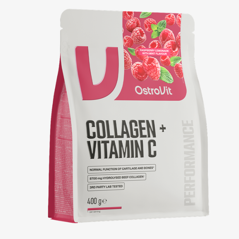 Collagène bovin hydrolysé avec vitamine C OstroVit goût Framboise Menthe 400 g en poudre